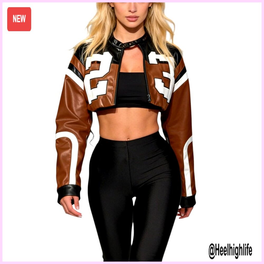 Faux Leather Bomber Jacket Cropped Zip Up Moto Style Outerwear